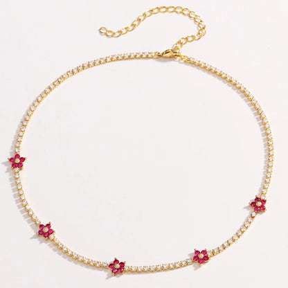 Fiori colorati con zirconi cubici Baguette Catena da tennis Collana girocollo da donna Gioielli hip-hop in ottone per donna Dorato