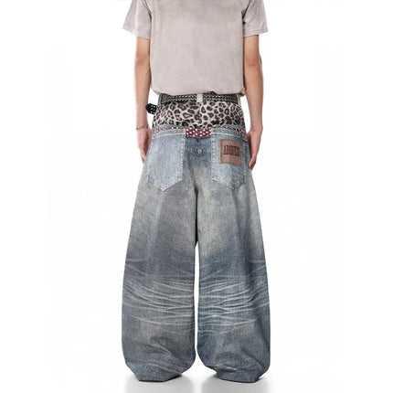 KEQI Jeans Blu da Uomo Y2k Gyaru Punk Oversize con Stampa 3D, Pantaloni in Denim Vintage Hiphop Grunge Baggy, Abbigliamento Alternativo