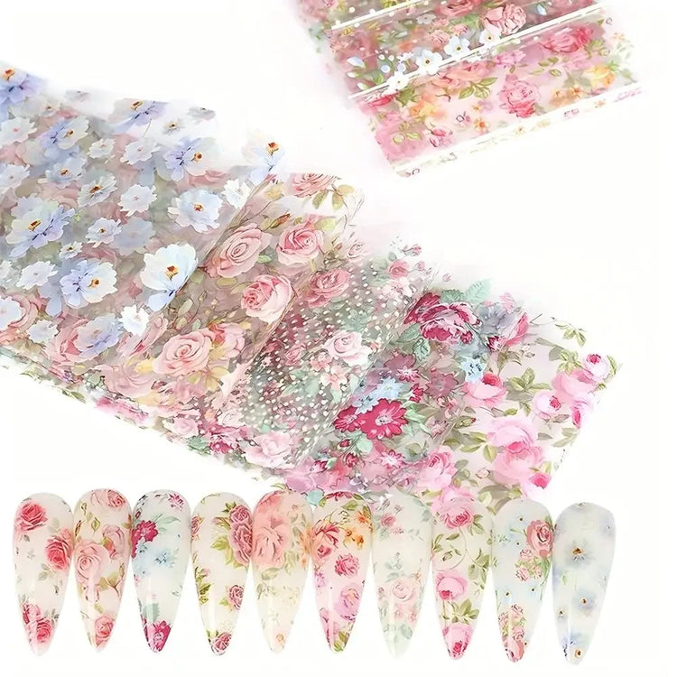 10PCS Mixed Nail Art Foils Transfer Sticker Set Rose Flower Designs Floral Starry Sky Nail Wraps Wedding Summer Manicure Decor 2028