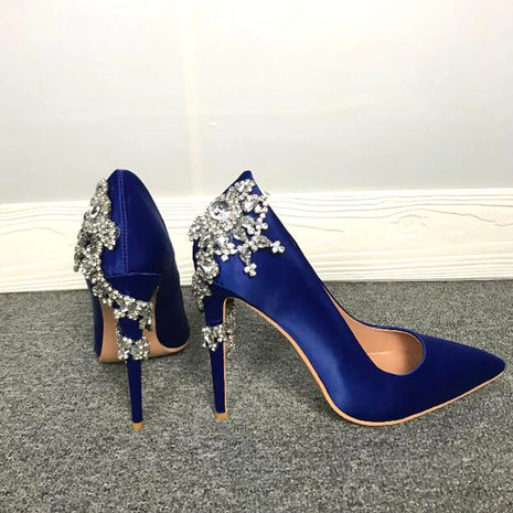 GlitterTwine Diamanti Fiore Tacco alto Décolleté blu royal Tacco alto in cristallo Party Donna Strass Décolleté in seta blu Scarpe da sposa