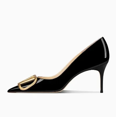 Décolleté alla moda con tacco alto grigio brillante con fibbia a V Sandali primaverili estivi Tacchi a punta in vera pelle