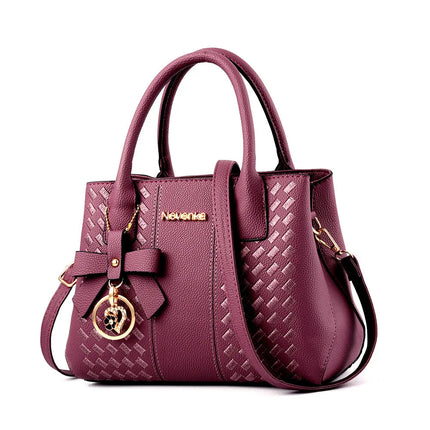 Bow Metal Pendant Top Handle Satchel Crossbody Bag, PU Leather Textured Bag Purse, Classic Versatile Fashion Shoulder Bag PlatiNum