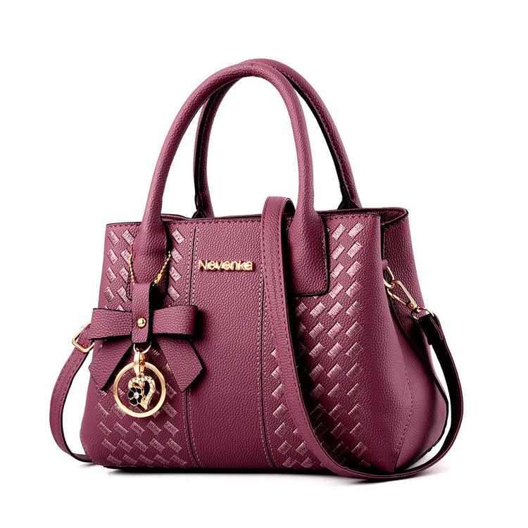 Bow Metal Pendant Top Handle Satchel Crossbody Bag, PU Leather Textured Bag Purse, Classic Versatile Fashion Shoulder Bag PlatiNum