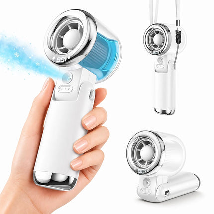 Mini Ventilatore Portatile con Nebulizzatore d'Acqua, 3600mAh, 5 Velocità, Pieghevole, da Appendere al Collo, Umidificatore, Ventilatore Spray Compatto, Ricaricabile USB-C