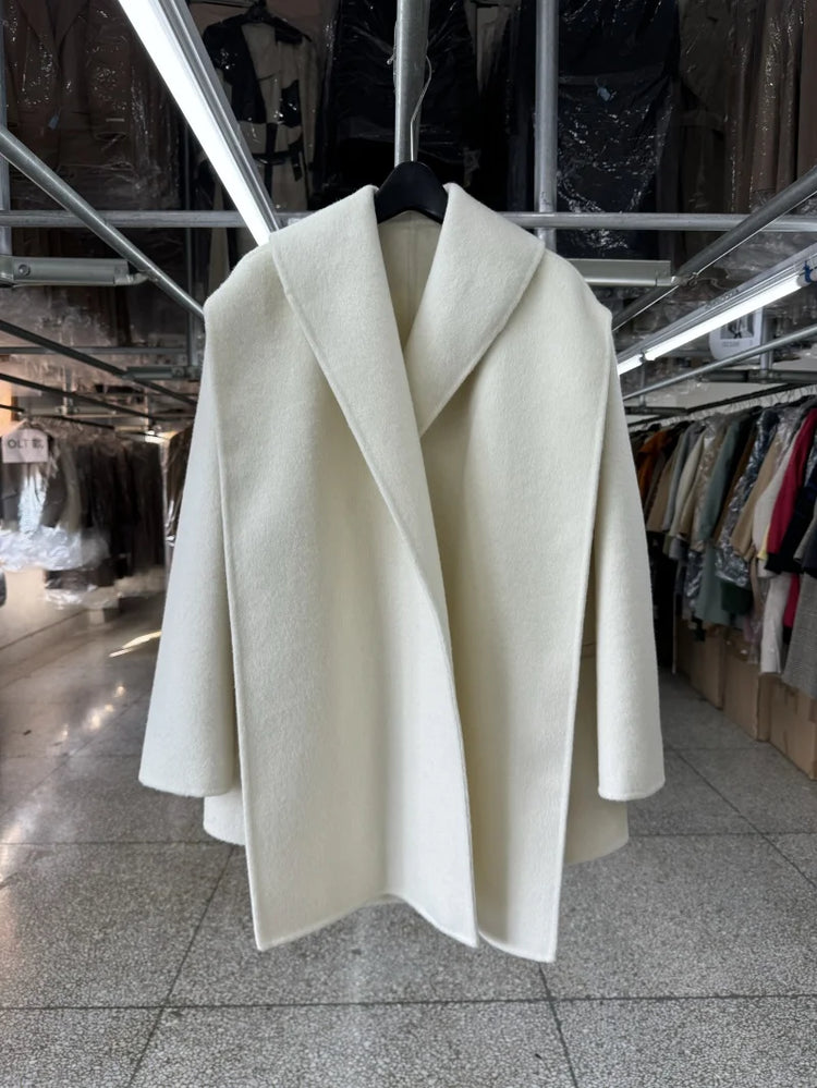 Scarf Collar 100%Wool Coat Women, Korean Fashion Elegant Outerwear, Loose Autumn Winter Jacket