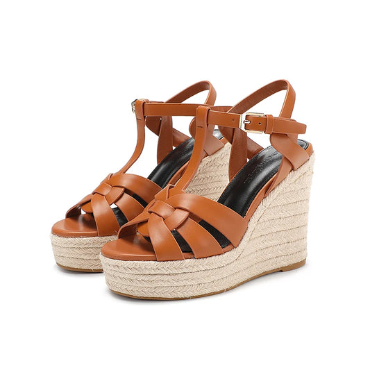 Women's Wedge-Shaped High Heels, Genuine Leather Sandals,Roman Fashion Open-Toe Evening Dress Shoes, Ball Summer Women's Sandals