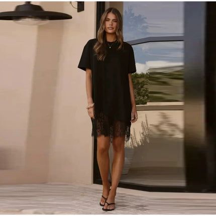 T-Shirt Dress with Lace and Asymmetrical Hem, Short Sleeves, Crew Neck, Casual and Comfortable Mini Dress, Summer Fashion 2026 Streetwear