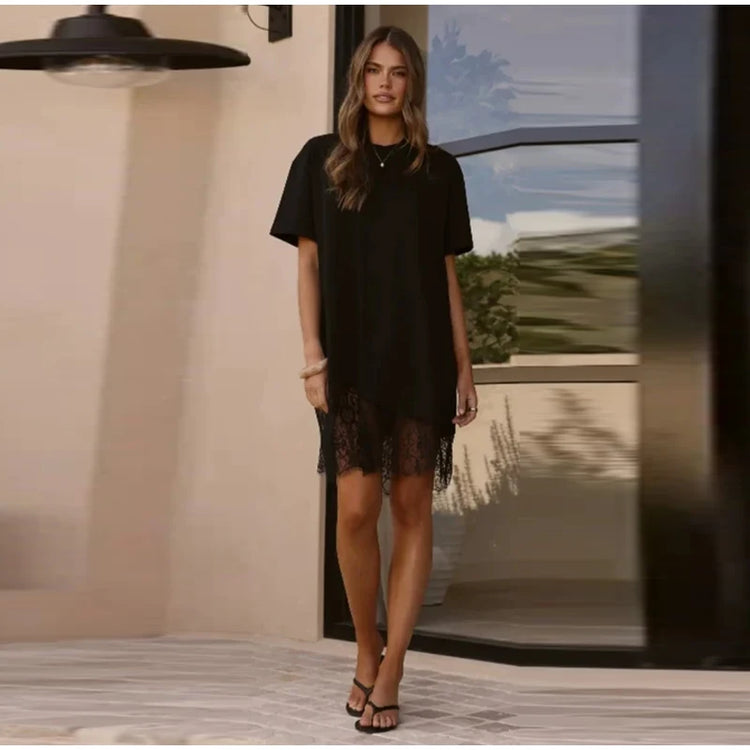 Abito T-Shirt con Pizzo e Orlo Asimmetrico, Maniche Corte, Girocollo, Vestito Mini Casual e Comodo,