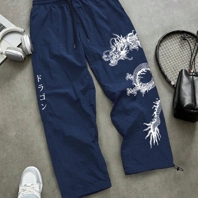 Pantaloni Larghi in Nylon con Stampa Drago per Uomo, Primavera-Estate, Joggers Streetwear per Palestra e Uso Quotidiano, Nero e Blu