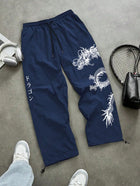 Men's Nylon Dragon Print Loose Trousers, Spring-Summer, Streetwear Joggers for Gym and Everyday Wear, Black and Blue