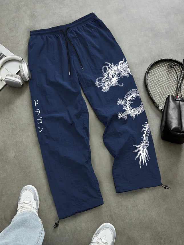 Men's Nylon Dragon Print Loose Trousers, Spring-Summer, Streetwear Joggers for Gym and Everyday Wear, Black and Blue