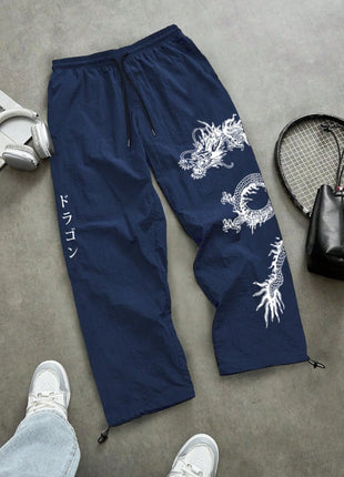 Pantaloni Larghi in Nylon con Stampa Drago per Uomo, Primavera-Estate, Joggers Streetwear per Palestra e Uso Quotidiano, Nero e Blu