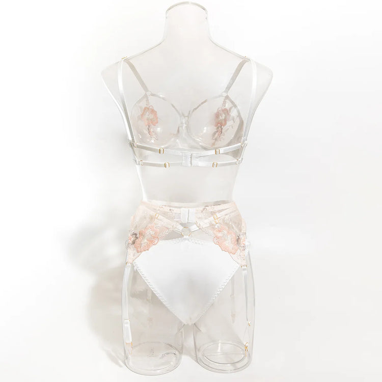 French Style Floral Embroidery Lingerie Set Transparent Hollow Out Bra and Panty Fancy Garter Belt Women Erotic Underwear