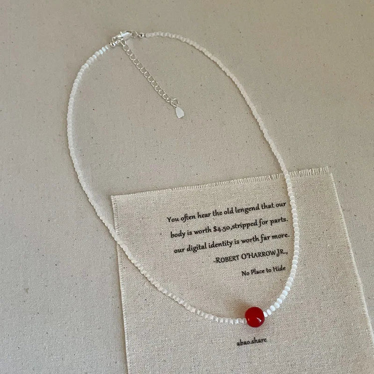 Minar French Silver Water Wave Chain Red Agate Beads Heart Beaded Pendant Necklaces for Women Gold Silver Plated Sweater Chain PlatiNum