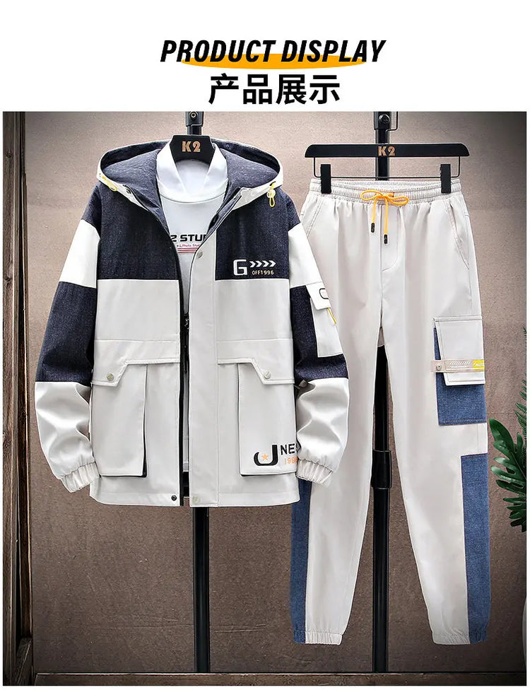 Spring Men Sportswear Tracksuit 2 Piece Running Sets Sports Hooded Jacket+Pant Sweatsuit Male Print Clothing Streetwear