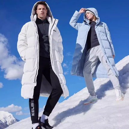 Kelme Long Down Men Winter Jacket Hooded Warm Windproof Couple Camping Equipment Paragraph Down Coat Jacket Women Утепленный
