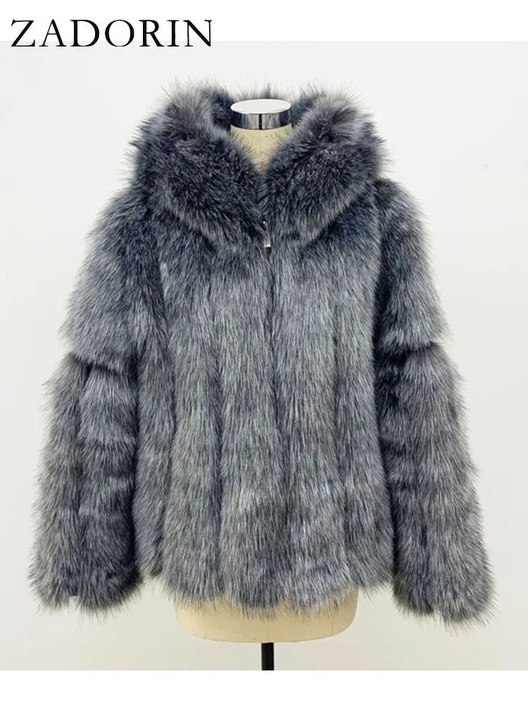 ZADORIN New Luxury Designer Faux Fur Coat Woman Hooded Zipper Furry Warm Winter Faux Fur Jacket Streetwear Fur Coats Woman Tops