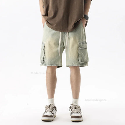 Pantaloncini di jeans alla moda retrò estivi per uomo Jeans corti multitasche larghi con gamba dritta con elastico in vita e coulisse da uomo