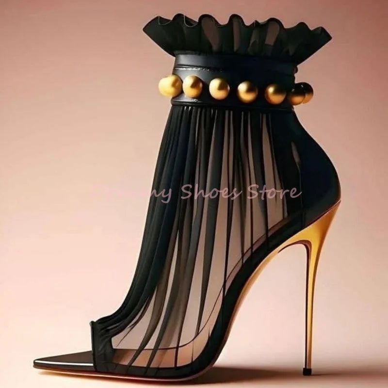 Black Mesh Gold Rivet Stiletto Ankle Boots Women Open Toe Pointed Back Zipper High Heels Sexy Fashion Party Prom Short Boots New