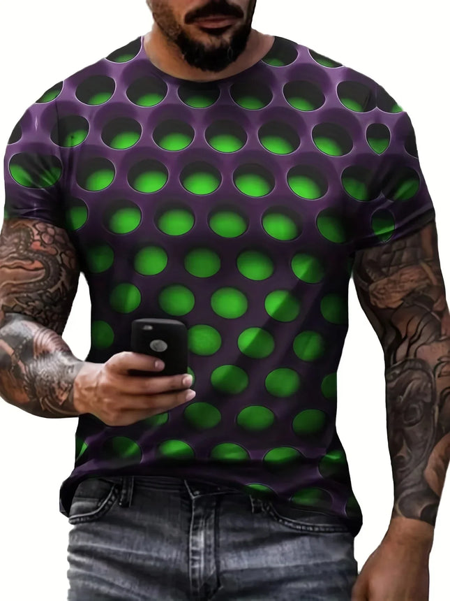 Men's Summer 3D Optical Illusion Print T-Shirt, Round Neck, Casual Short Sleeve, Fashion Streetwear.