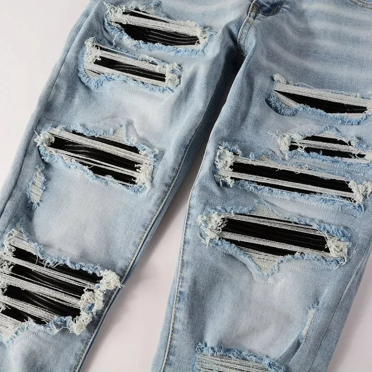 High Street Jeans Patch Hand-worn Holes Slim Skinny Jeans for Men PlatiNum