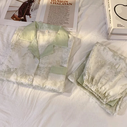 Set pigiama in raso da donna primavera New Classic Sandpainting pigiama Set manica lunga bottone verde pigiama Lounge Pant donna Sleepwear