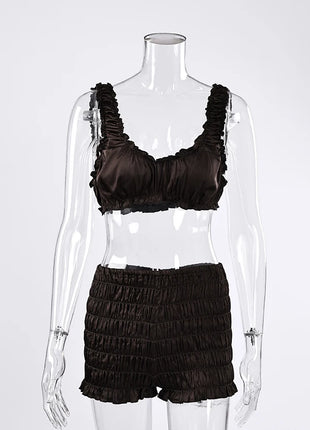 Pigiama da donna HiLoc in raso sexy, completo due pezzi con top corto e pantaloncini a vita elasticizzata con arricciatura, tinta unita, per casa.