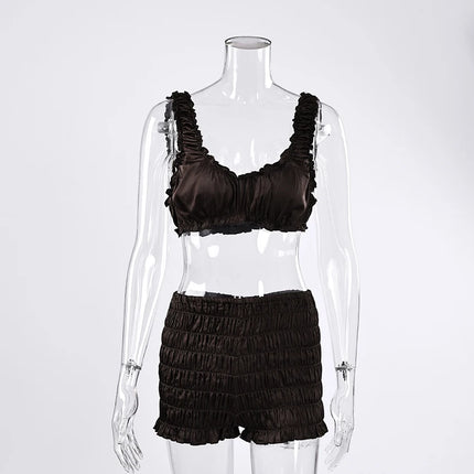 Pigiama da donna HiLoc in raso sexy, completo due pezzi con top corto e pantaloncini a vita elasticizzata con arricciatura, tinta unita, per casa.