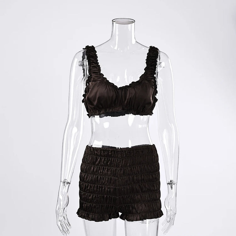 Pigiama da donna HiLoc in raso sexy, completo due pezzi con top corto e pantaloncini a vita elasticizzata con arricciatura, tinta unita, per casa.