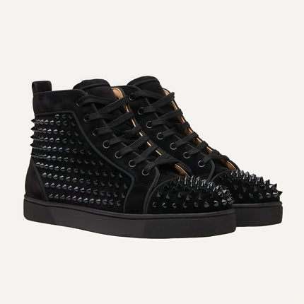 Black Studded Leather Rivets High-Top Sneakers Classic Designer Style Round Toe Men's Sports Shoes Comfort Lace-Up Casual Shoes