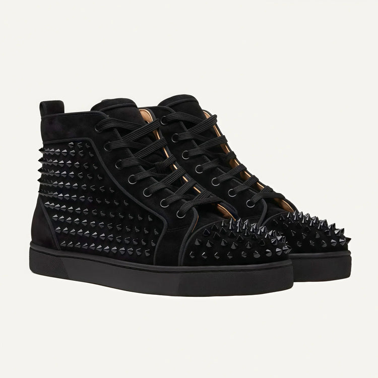 Black Studded Leather Rivets High-Top Sneakers Classic Designer Style Round Toe Men's Sports Shoes Comfort Lace-Up Casual Shoes