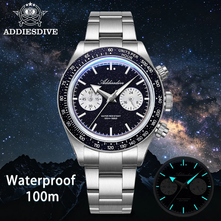 ADDIESDIVE Luxury Mens Watch New AD2558 VK64 Quartz Chronograph Stainless Steel Blue Sandstone Dial Luminous 100M Waterproof