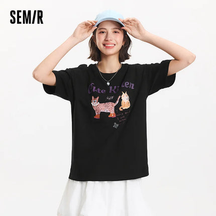 T-shirt à manches courtes Semir pour femme, longueur moyenne, joli motif, style rétro, nouvelle collection été 2025, haut ample respirant, style de niche