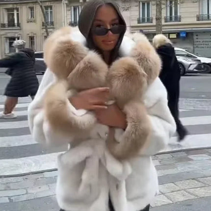 Casual Patchwork Faux Fur Collar Women's Coat Lace Up Pockets Thicken Lady Coats 2026 Autumn Winter Female Street Outerwear