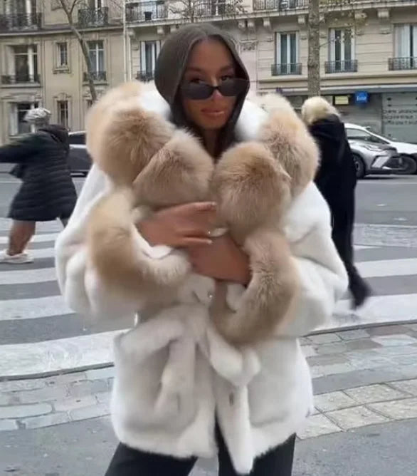 Casual Patchwork Faux Fur Collar Women's Coat Lace Up Pockets Thicken Lady Coats 2026 Autumn Winter Female Street Outerwear