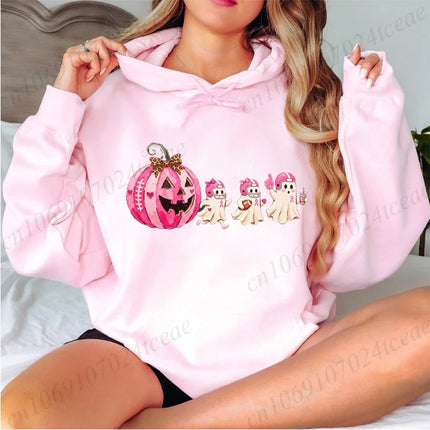 Pink Pumpkin Ghost Graphic Hoodies Breast Cancer in October We Wear Pink Halloween Pullover Men Women Hoodies Sweatshirts Gifts