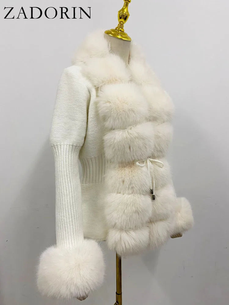 ZADORIN Luxury Fur Cardigan Knit Winter Sweater Women Elegant Detachable Fur Belt White Pink Black Womens Cardigan Korea Style