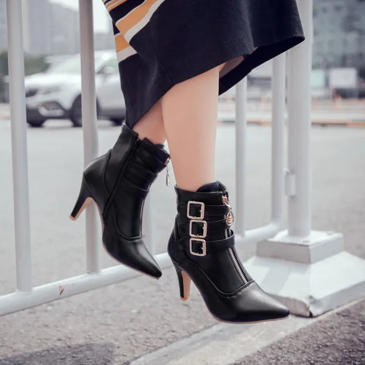 Women Shoes  Boots Spring High Heels Ankle Boots Pointed Toe Buckle  Boots Zip Ladies Shoes White Big Size 2023