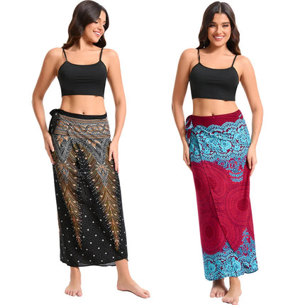 Abito da donna Boho Maxi Wrap Gonna lunga con allacciatura Abito da spiaggia Copricostume Abito vintage bohémien regolabile a vita alta in rayon platinumshop