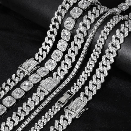 Hip Hop Men Women 14MM Prong Cuban Link Chain Necklace Bling Iced Out Tennis Chain Rhinestone Paved Miami Cuban Necklace Jewelry PlatiNum