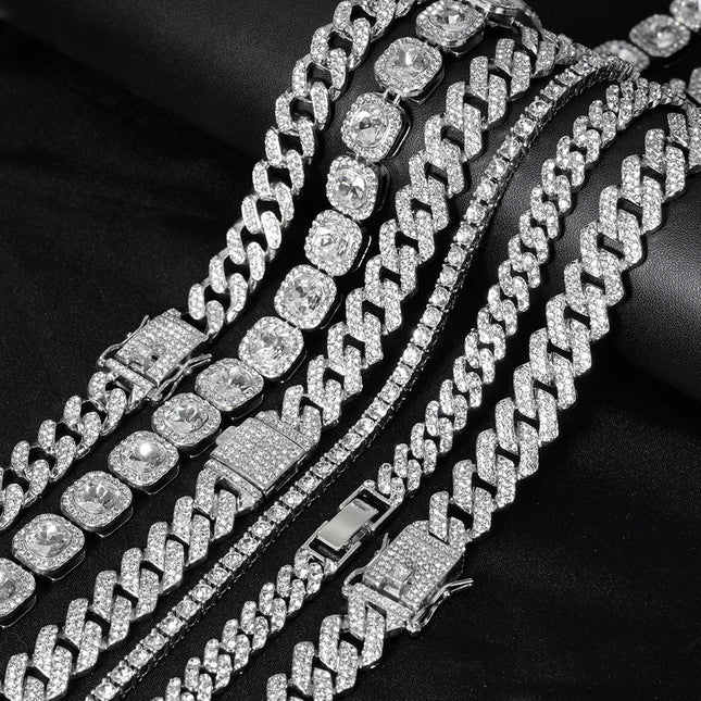 Hip Hop Men Women 14MM Prong Cuban Link Chain Necklace Bling Iced Out Tennis Chain Rhinestone Paved Miami Cuban Necklace Jewelry PlatiNum