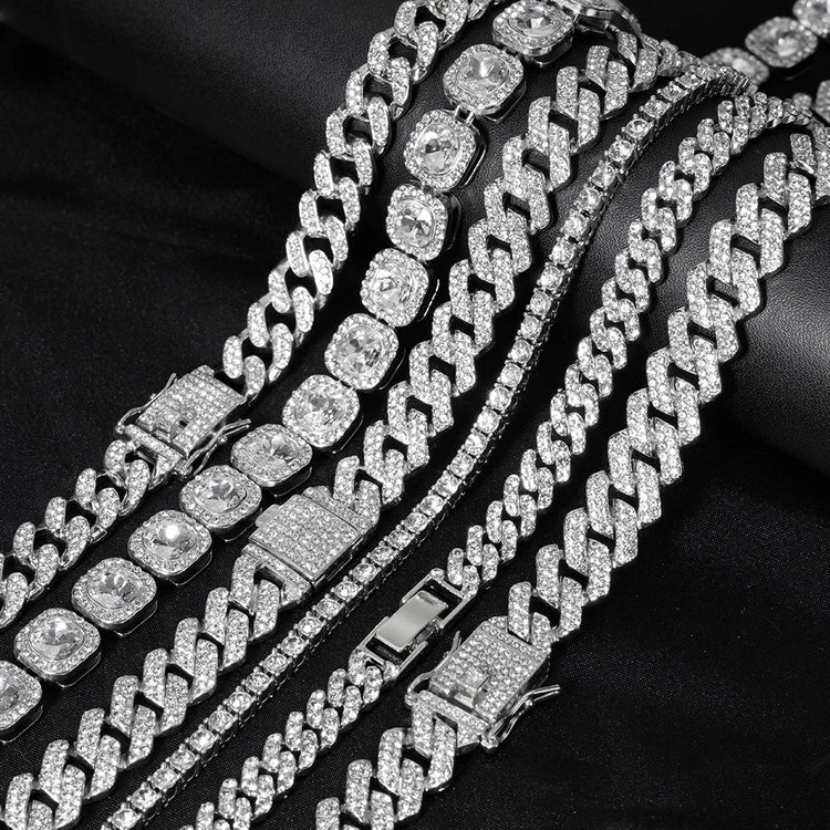 Hip Hop Men Women 14MM Prong Cuban Link Chain Necklace Bling Iced Out Tennis Chain Rhinestone Paved Miami Cuban Necklace Jewelry PlatiNum