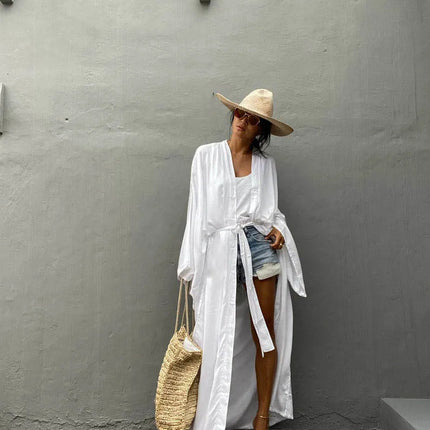 Solid Beach Cover Up Women Self Belted Wrap Kimono Dress Costume da bagno 2025 New Robe Summer Beachwear Fornitura in fabbrica platinumshop