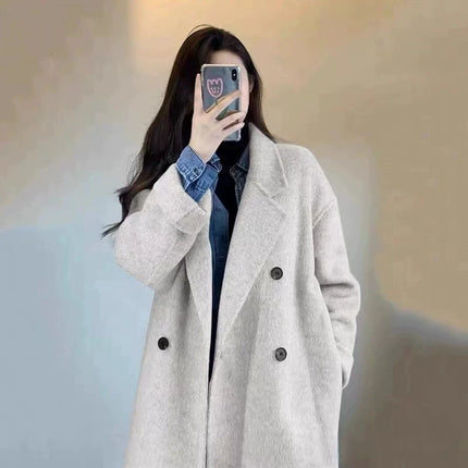 Grey Double-sided Cashmere Coat Women's 2026 Winter New Korean Version Loose Thick Down Woolen Coats Solid Casual Long Overcoat