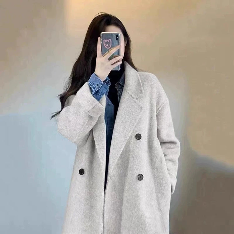 Grey Double-sided Cashmere Coat Women's 2026 Winter New Korean Version Loose Thick Down Woolen Coats Solid Casual Long Overcoat
