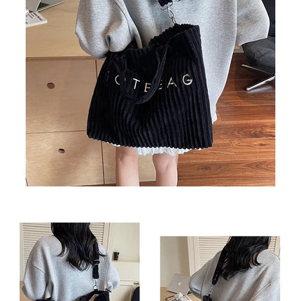 Large Capacity Striped Velvet Handbag Shoulder Bag for Woman Handbags Crossbody Bags, Versatile Letter Corduroy Women's Tote Bag PlatiNum