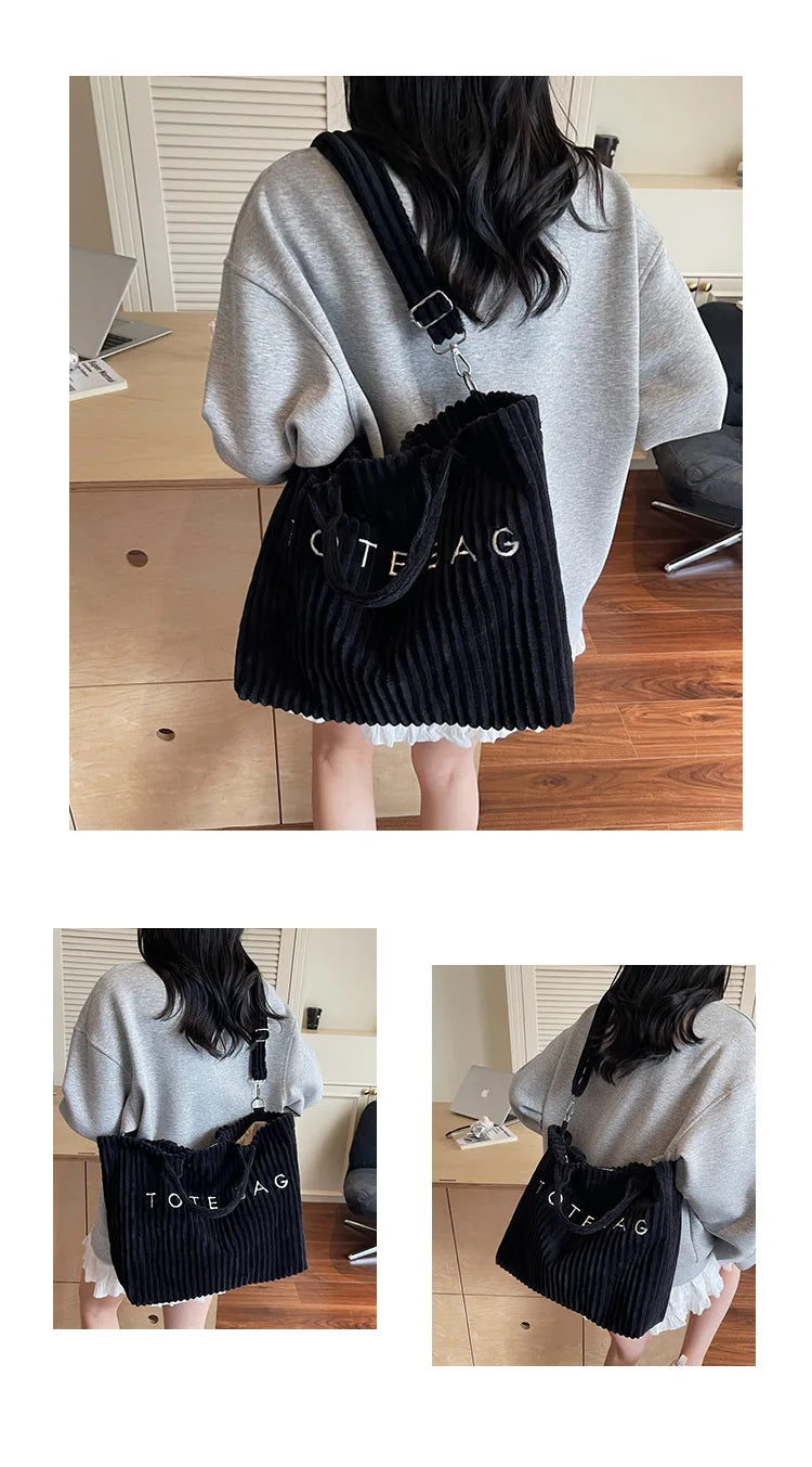 Large Capacity Striped Velvet Handbag Shoulder Bag for Woman Handbags Crossbody Bags, Versatile Letter Corduroy Women's Tote Bag PlatiNum