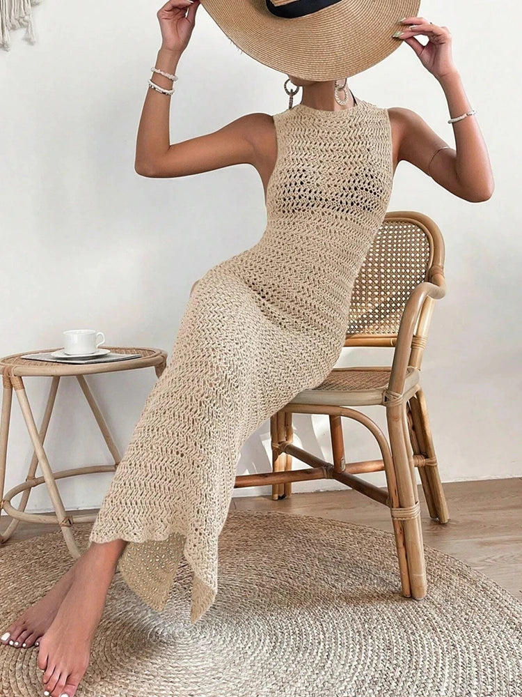 Abito scavato in vita con scollo tondo alla moda ed elegante per la primavera e l'estate, gonna da spiaggia slim fit senza maniche da donna platinumshop