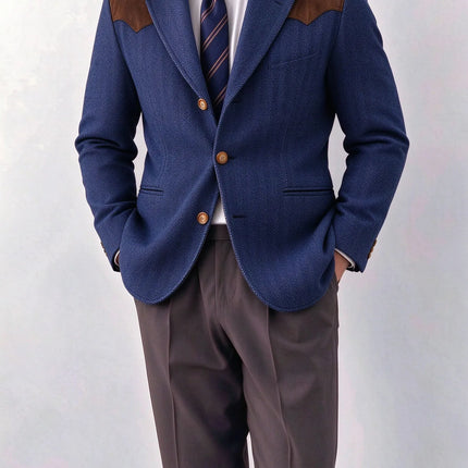 Herringbone Tweed Men's Blazer Jacket Wool Blend Suede Patch Shoulder Men's Sport Coat Business Casual Slim Fit For Oktoberfest