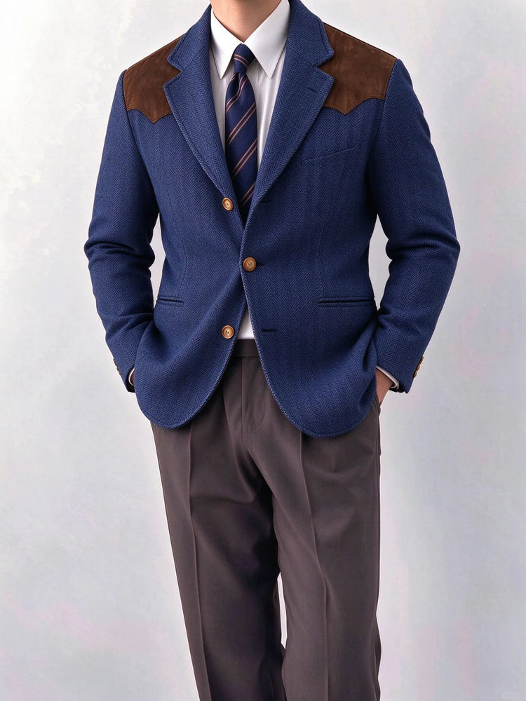 Herringbone Tweed Men's Blazer Jacket Wool Blend Suede Patch Shoulder Men's Sport Coat Business Casual Slim Fit For Oktoberfest